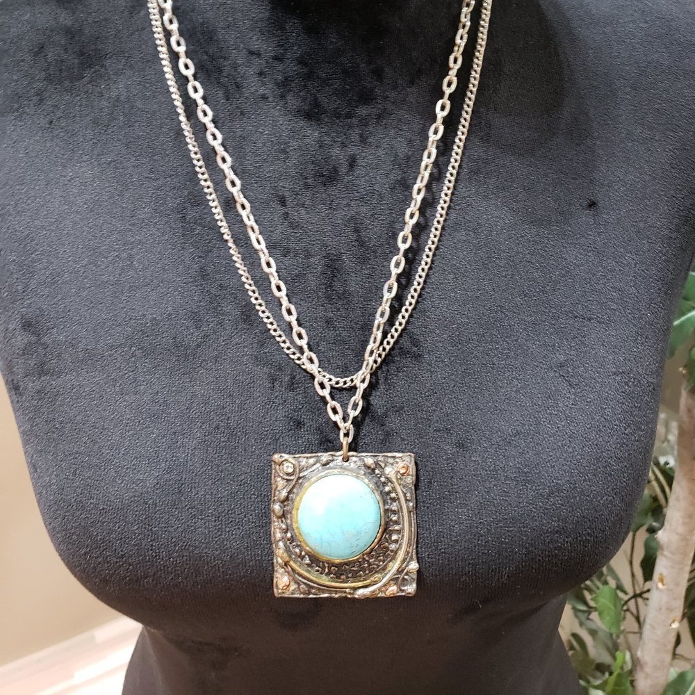 Vintage Silver Chain‎ Brooch Pendant Fringe Pearl Turquoise Necklace